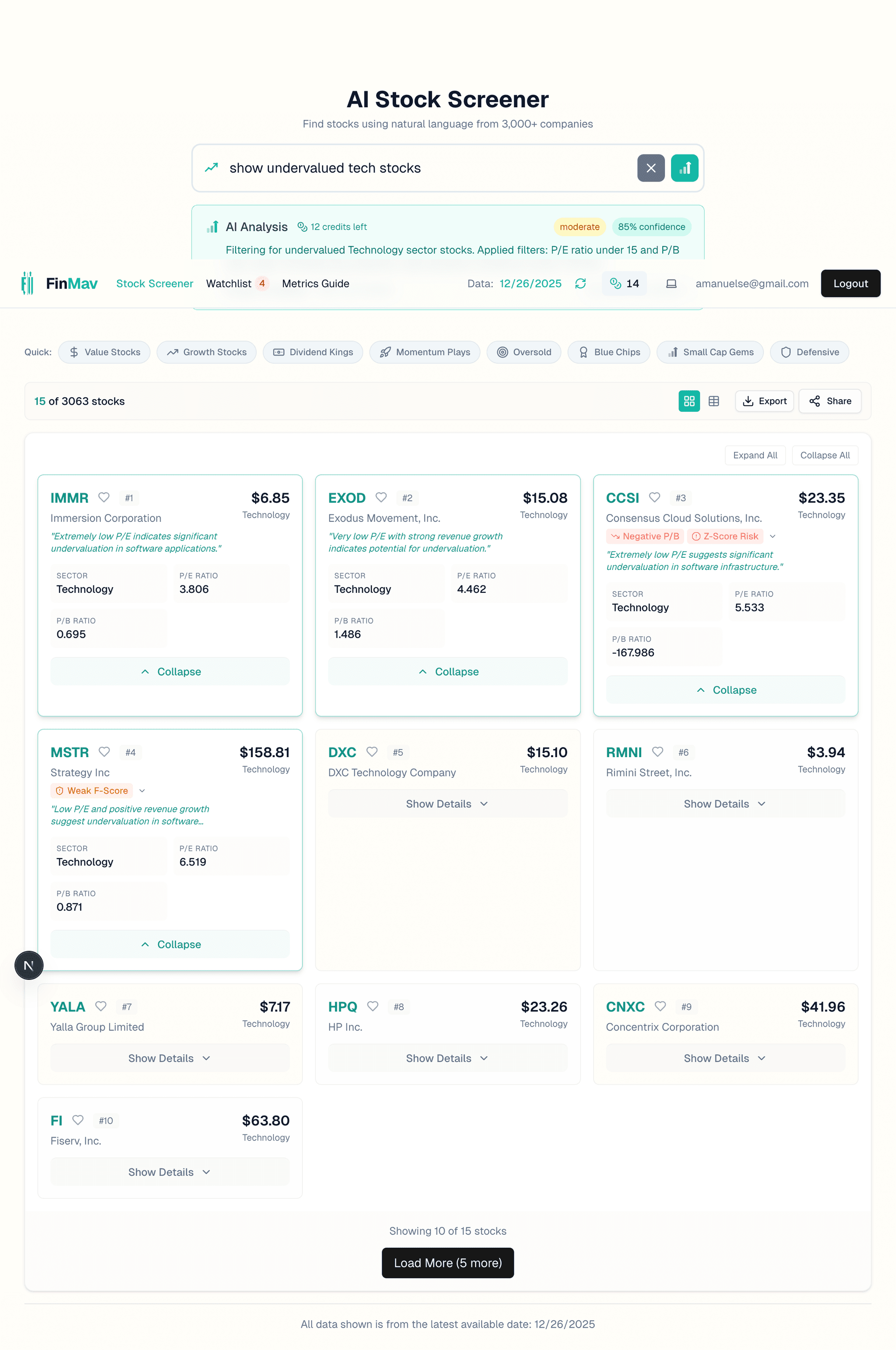 Query input showing natural language search with AI Analysis results